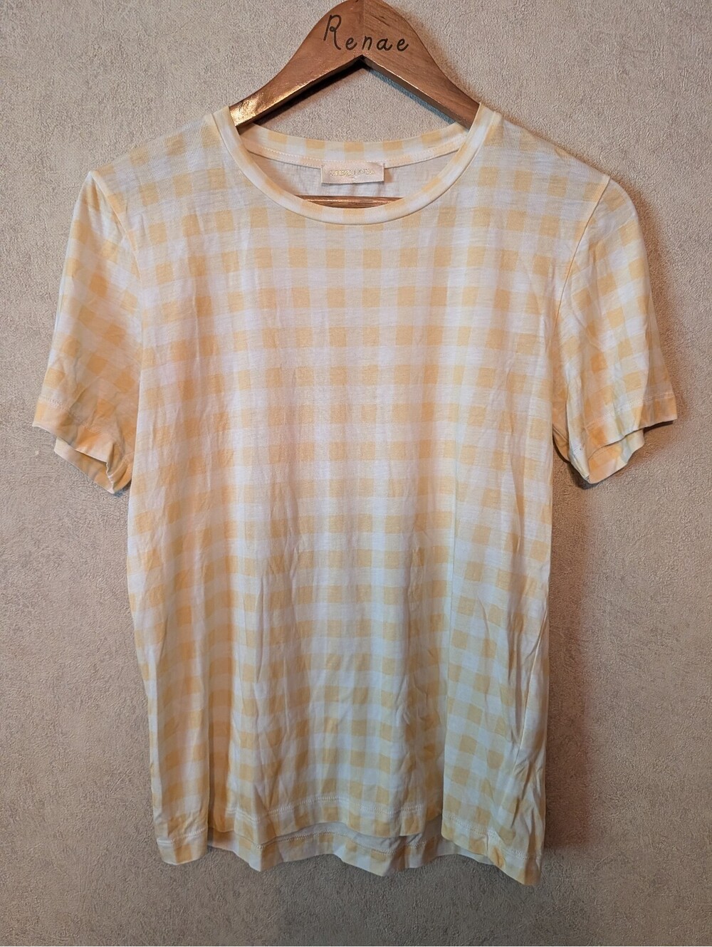 STINE GOYA yellow white checkered plaid short sleeve tee sz M
